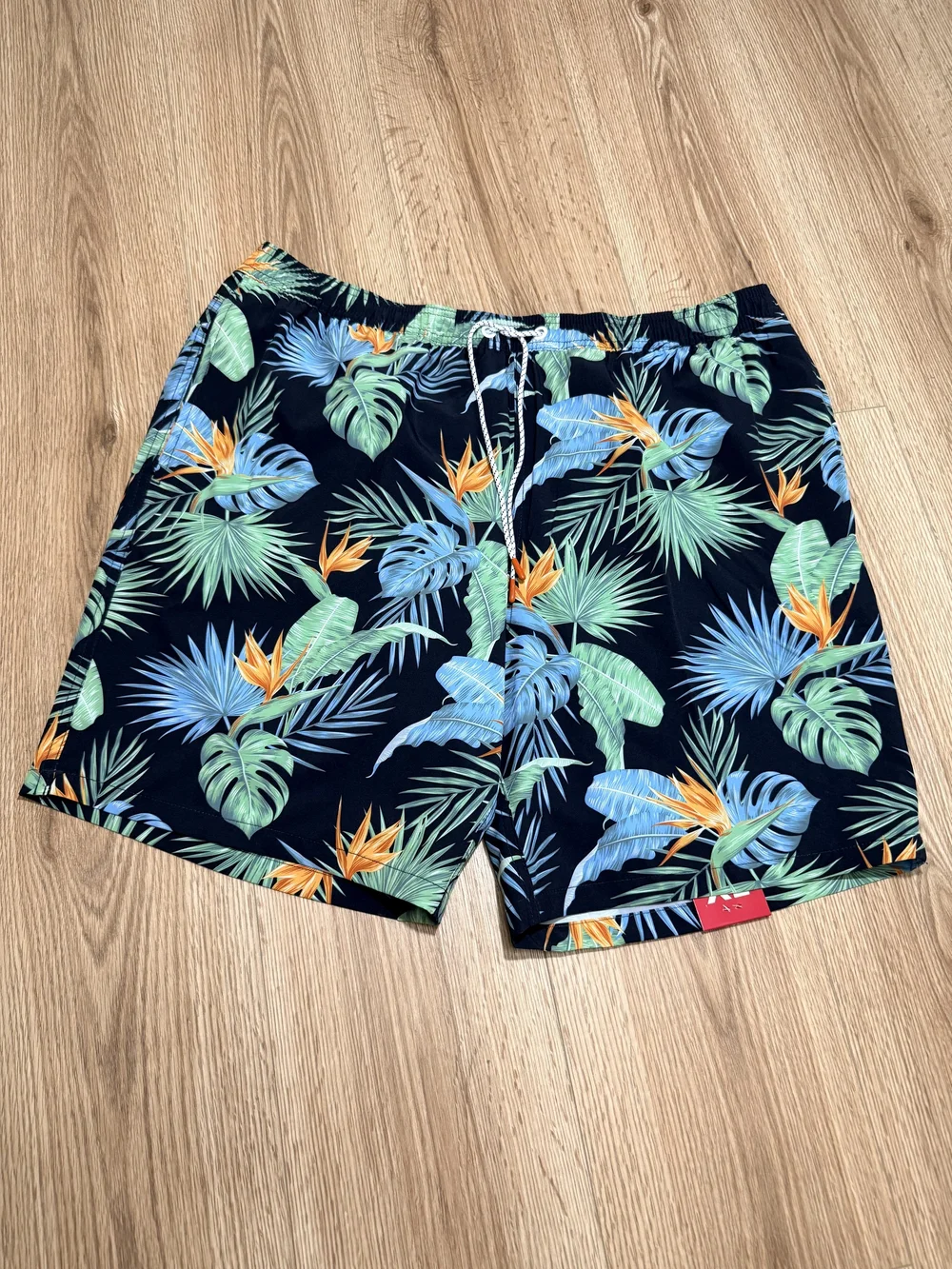 Bonobos Navy Tropical Print Swim Shorts with Green & Orange Accents